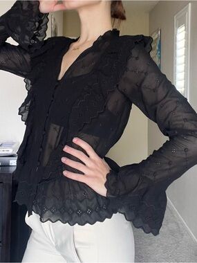 Black Sheer Ruffle Button-Front Blouse -